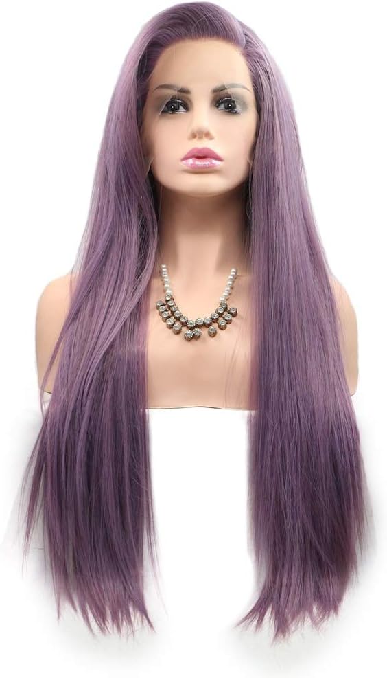 Beauty Womens Lace Front Wigs Purple Long Straight Synthetic Wigs Human Hair Cosplay Party