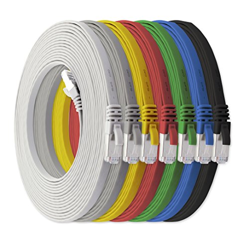 1aTTack.de 5m - 7 colors - 7 pieces Cat7 flat cable network cable Cat 7 raw cable Gigabit Lan (10Gbit/s) ribbon cable installation cable patch cable flat slim Rj 45 plug Cat6a