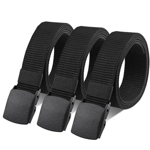 Huiguli Men's Belts, Pack of 3 Work Belts, Nylon, Adjustable Fabric Belt with Plastic Buckle, Unisex Belt for Quick Pass Through Airport Security
