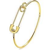 Pregeckit Gold Safety Pin Hook Bangle Bracelet for Women Simple Thin Cuff Bangle Love Friendship Minimalist Jewelry