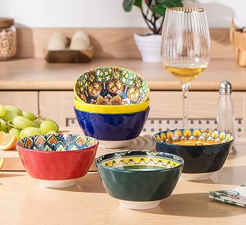 Henten Home Zuppiera Set of 6 Colored Ceramic Bowls - 360ml, Muesli Dessert Bowl | Salad | Soup | Corn Flakes | Breakfast, Boho Dinner Service - Multicolor