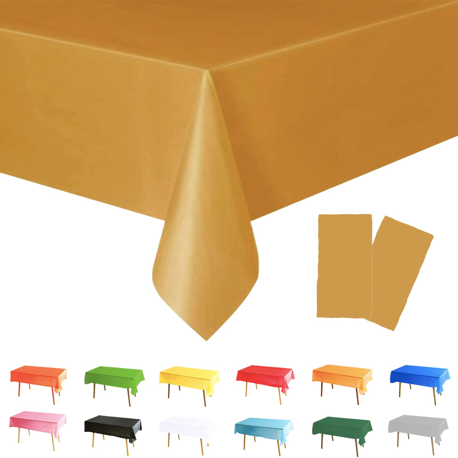 2Pcs 137 * 274cm Gold Table Cloth Table Covers,Christmas Party Rectangular Dining Table Cover Gold Tablecovers Plastic Tablecloths for Picnic,Christmas,Birthday Parties Decorations