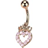 Pierced Owl 14GA 316L Stainless Steel CZ Crystal Paved Hollow Heart and Crown Belly Button Ring