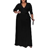 Runwind Plus Size Dresses for Women Floral Maxi Dress Flowy 3/4 Sleeve with Belt