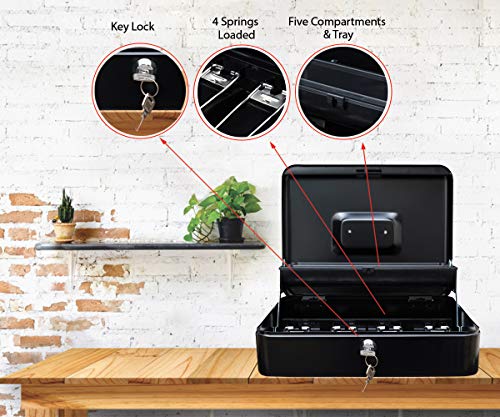 SharpVault Cash Box with Lock, Black – 2018 Money Box Safe, 5 compartments & 4 Spring Loaded, Lock Box with Key - Thumbnail 2