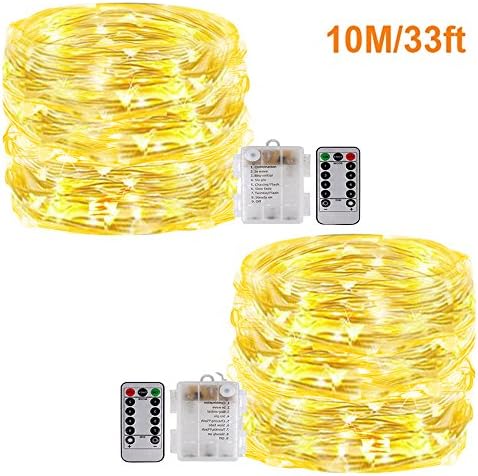Fairy String Lights with Remote,[2Pack 33Ft] Vikdio Waterproof 100 LEDs Starry Lights 8 Modes Battery Operated Silver Wire Fairy Rope Lights for DIY Wedding Party, Bedroom, Patio, Garden (Warm White)