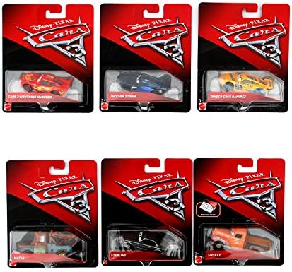 Cars 3 Jackson Storm, Lightening McQueen, Dinoco Cruz Ramirez, Sterling, Mater, and Smokey Toy Vehicles and Book Cars 3 Driven To Win with Collector Cards Bundle