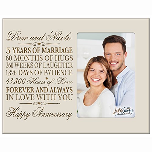 Personalized five year anniversary gift her him couple Custom Engraved 5th year wedding celebration for Husband wife girlfriend boyfriend frame holds 4x6 photo by LifeSong Milestones (Ivory)