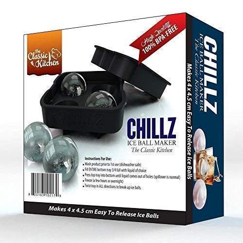 Chillz Ice Ball Maker Mold - Black Flexible Silicone Ice Tray - Molds 4 X 4.5cm Round Ice Ball Spheres - Thumbnail 3