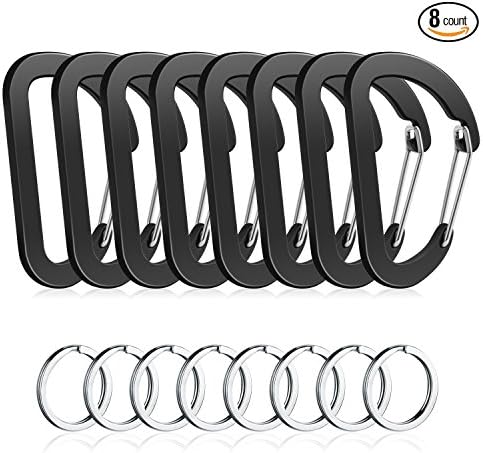 8PCS 3”Aluminum Carabiner Keychain Clip with Keyring, Strong Unlocking Black Caribeaner Keychain Pack for Backpack Hanging Tent Hook, Light Duty Paracord Umbrella Rope Parachute Para Cord Accessories