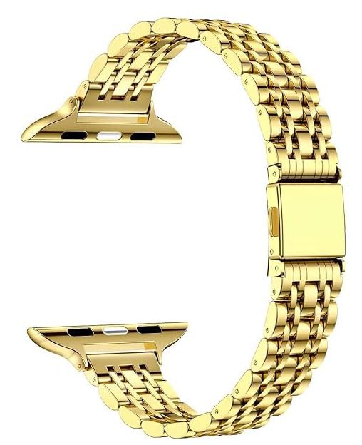 MaKTech Stainless Steel Wristband,Women Slim Seven-Pieces Links 14mm Metal Bracelet Band Compatible with Apple Watch Series 11/10/9/8/7,Ultra 3/2/1,SE 3/2/1 [2025] (46mm/45mm/44mm/49mm,Gold)