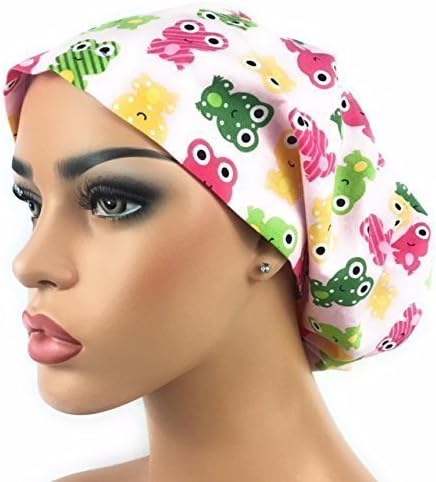 DK Scrub Hats Women’s Adjustable Bouffant Surgical Ponytail Cap with Frogs in Pink Green Yellow