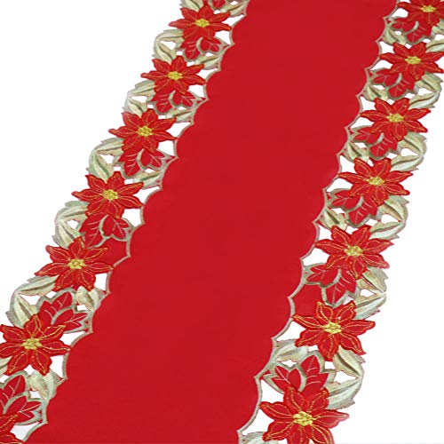 YOSICHY Christmas Embroidered Table Runner Luxury Poinsettia and Holly Table Runner for Xmas Decorations 15x69 Inch (Red) - Thumbnail 5