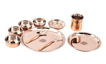 Indian Art Villa Steel Copper Thali Dinner Set, Serveware & Dinnerware Home Hotel Restaurants, Set Of 10 Pieces