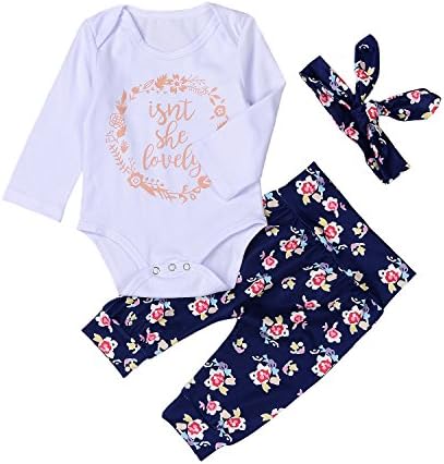 Baby Girl 3pcs Floral Suit Isn't She Lovely Print Romper+Flower Long Pants+headband (3-6Months, White)