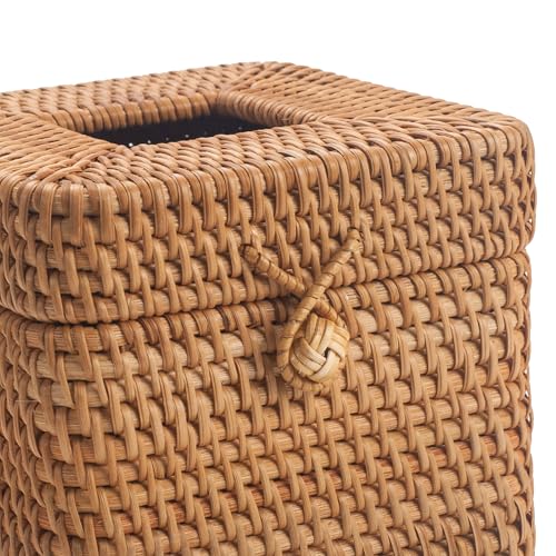 Rattan Paper Tissue Box with Lid, Square Wicker Box Holder, Facial Tissue Paper Tissue Box for Dining Table, Living Room, Bathroom, Bedroom (Natural)