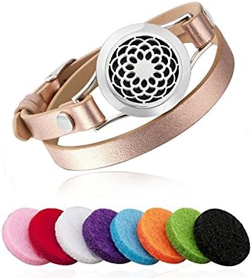 Essential Oil Diffuser Bracelet Aromatherapy Silver Sunflower Stainless Steel Rose Gold Adjustable Leather Band with 8 Color Pads for Décor Gift Girls Women