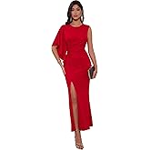 Angel-fashions Women's Elegant Evening Gown Flowy Asymmetrical Sleeve Draped Waist and Slit Formal Dress for Weddings Party