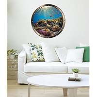 24" Porthole Instant Ocean Window Sea View Great Barrier Coral Reef #1 Round Pewter Wall Sticker Kids Decal Room Home Art Décor Mural Graphic Medium