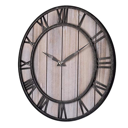 Large Farmhouse Wall Clocks, 18 Inch Vintage Roman Numerals Silent Clock, Solid Wood & Metal Frame Home Rustic Decorative Clock for Indoor, Living Room, Bedroom, Kitchen, Dining Room - Light Wooden - Thumbnail 2