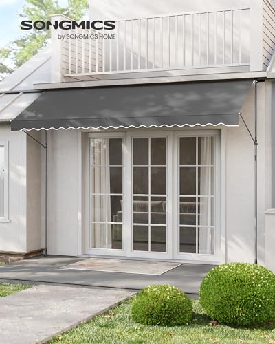 SONGMICS GSA402G02 Retractable Awning Manual Awning Height Adjustable with Crank for Balcony, Garden, Terrace, 400 x 180 cm, Charcoal Grey