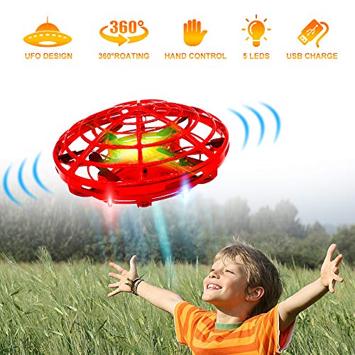 Hand Drones, Hand Controlled Drones, econoLED Boy Toys Kids Hand Operated Flying Ball Drone - Hands Free Mini Flying Ball Helicopter with 2 Speed & 5 LED Lights for Boys, Girls, Kids, Toddlers (Red)