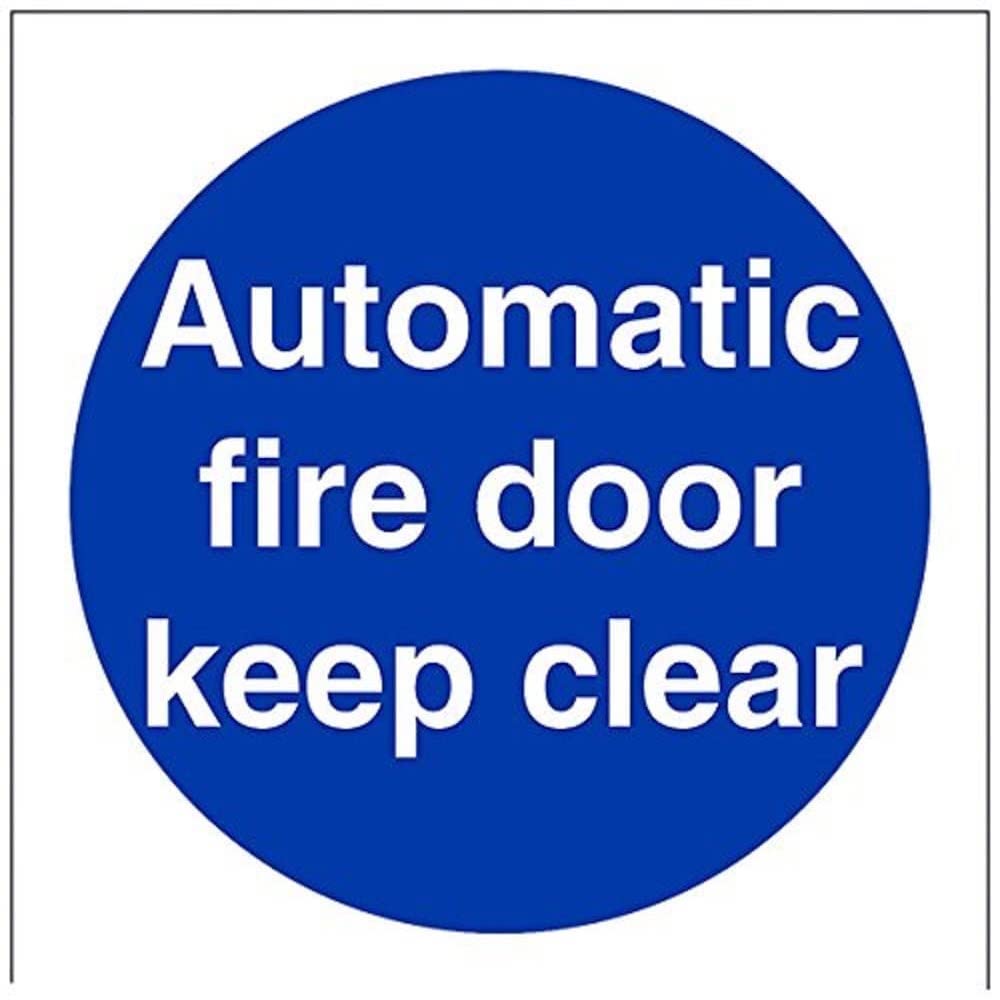 V Safety Automatic Fire Door Keep Clear Mandatory Sign - 100mm x 100mm - Self Adhesive Vinyl