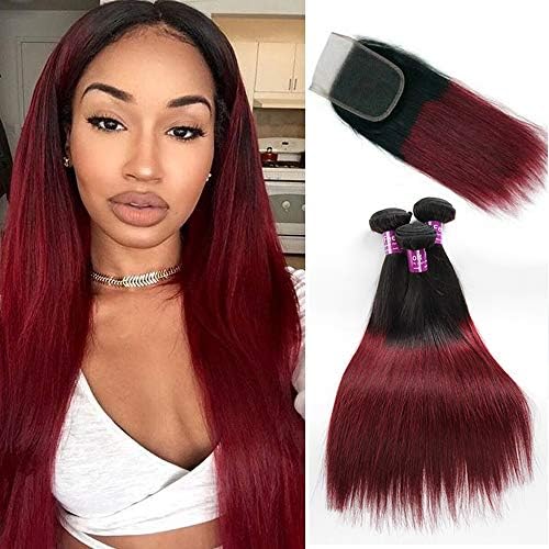 Ombre Brazilian Virgin Hair Straight 3 Bundles with Closure 2 Tone 1B/99j Ombre Straight Human Hair Weave Bundles with 4x4 Free Part Lace Closure (22 24 26+20)