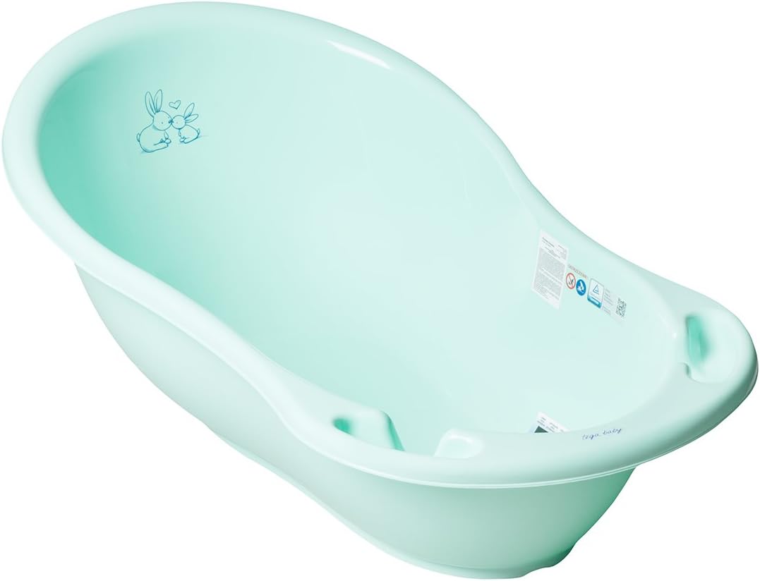 Baby Bath with Drain and Thermometer Animals Bunnies Theme (Blue)