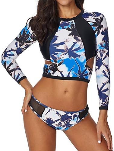 Women 2 Piece Swimsuit Long Sleeve Cutout Rashguards Print Surfing Suit by Lowprofile