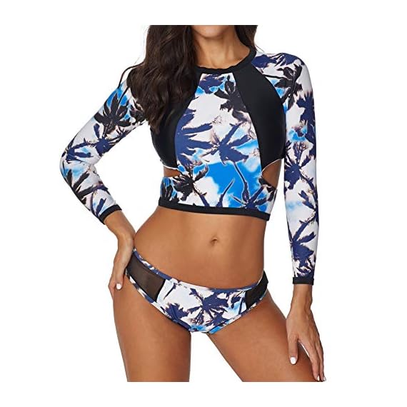 Women-2-Piece-Swimsuit-Long-Sleeve-Cutout-Rashguards-Print-Surfing-Suit-by-Lowprofile-Blue