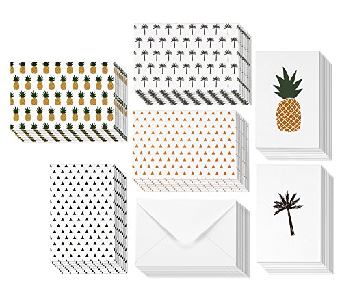 48 Pack All Occasion Assorted Blank Note Cards Greeting Cards Bulk Box Set - 6 Designs Pineapple, Palm Tree, and Triangle - Blank on the Inside Notecards with Envelopes Included - 4 x 6 Inches