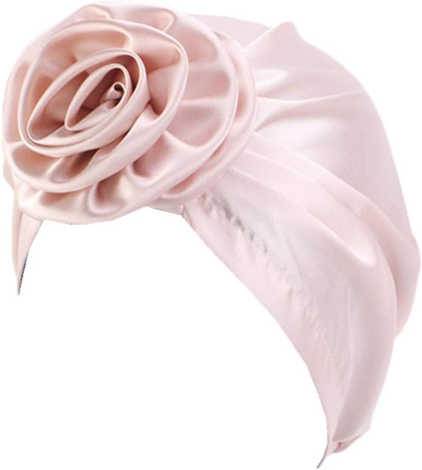 Womenโs Satin Flower Elastic Turban Beanie Chemo Cap Hair Loss Hat