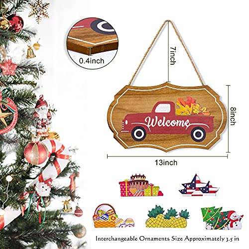 Welcome Sign, with 14 pcs Interchangeable Seasonal Ornaments Rustic Red Truck Home Sign for Front Door Decor, Seasonal Wall Hanging for Holidays