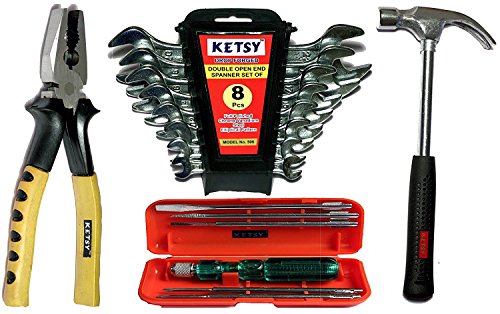 Ketsy 602 Hand Tool Kit 16 Pcs.(Screwdriver Set of 6 Pcs,Doe Spanner Set of 8 pcs,Combination plier 8 inch,Curved Claw Hammer Steel Shaft 1/2 lb)