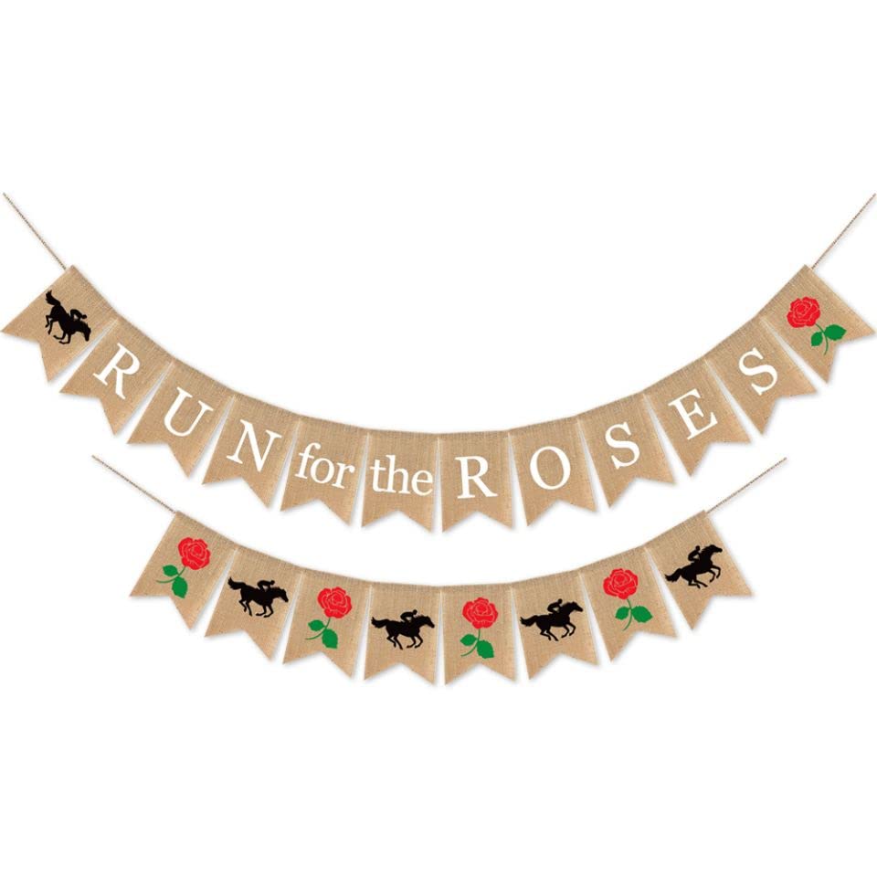 SWSATYW Burlap Run for The Roses Banner Kentucky Derby Party Garland Supplies Horse Racing Mantel Fireplace Decoration
