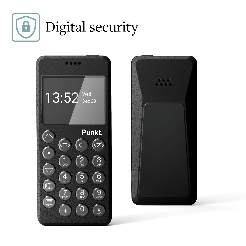 Punkt. MP02 4G LTE Minimalist Mobile Phone - Unlocked Cell Phone with Nano-SIM, Wi-Fi Hotspot, 2GB RAM+16GB Storage, Bluetooth, Digital Security, Multiband - Black