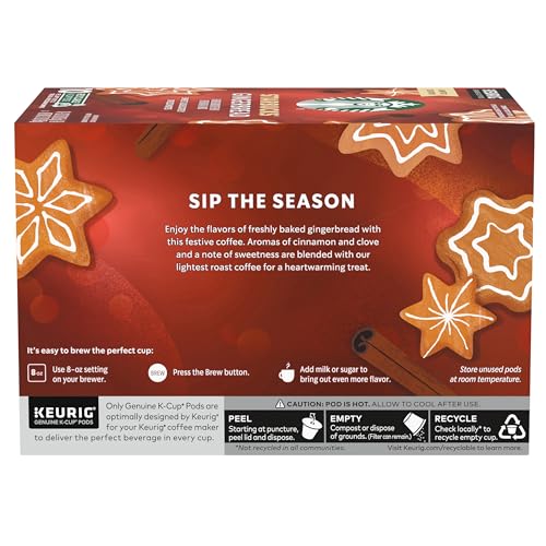 STARBUCKS FLAVORED COFFEE K-CUP PODS, GINGERBREAD FOR KEURIG BREWERS, HOLIDAY LIMITED EDITION, 10 COUNT