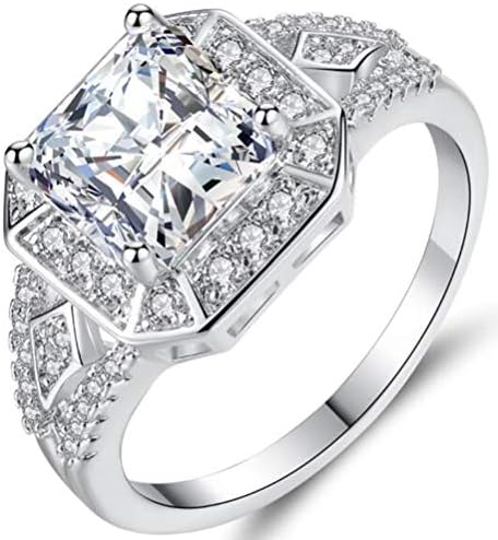 TEMEGO 14k White Gold Large Square Princess Cut Cubic Zirconia Cluster CZ Halo Wedding Engagement Ring,Size 6-9