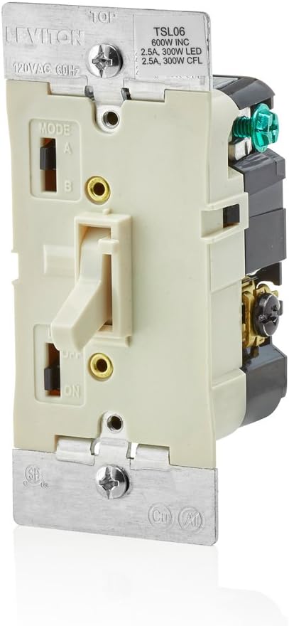 Leviton TSL06-1LW Toggle Slide Universal Dimmer, 300W Dimmable LED & CFL, 600W Incandescent & Halogen For Single Pole Or 3-Way, with Locator Light, White, 1 Pack - - 