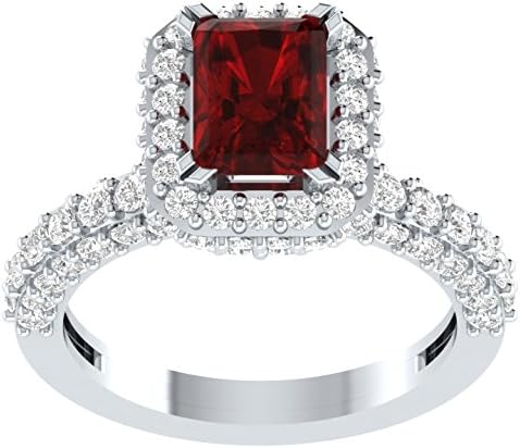 14K White Gold Fn 2.50 Ct Emerald Cut Red Garnet &amp; Cubic Zirconia Halo Engagement Ring