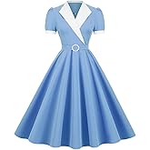 1950s Dresses for Women Vintage Cocktail Dress with Belt Short Sleeve Notched Lapel White Collar Rockabilly Swing Prom Party Dress Office Work 1960s Audrey Hepburn Style Dress Light Blue-Collared XXL