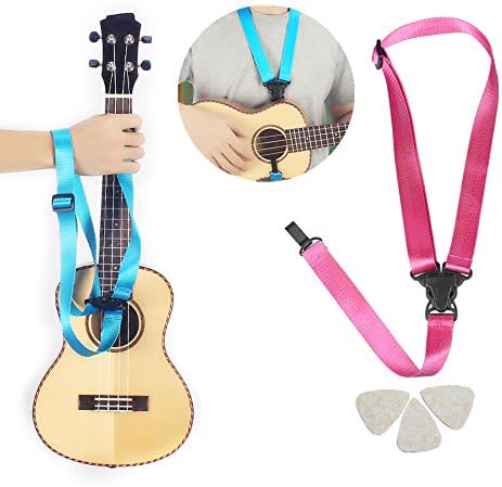 Easeicon Adjustable Button-Free Ukulele Strap Plain Belt [Extra Comfortable Design] UKE Neck Sling + 3 Felt Picks - Ideal for Hawaiian Ukelele(Baritone Tenor Concert Soprano) (Pink)