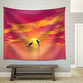 Shadow of Two Small Dolphins Jumping in The Ocean Toward The Sun by Red Sunset - Fabric Wall Tapestry Home Decor - 51x60 inches