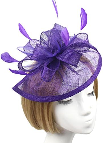 Deacroy Women's Derby Hat Elegant Vintage Flower Mesh Party Feather Fascinator, Purple, One size