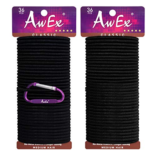 AwEx Strong Black Hair Ties,72 PCS,4 mm Medium Hair Bands,No Metal Hair Elastics,No Pull Ponytail Holder