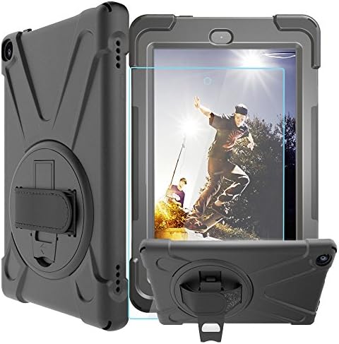 MAHYVE Shockproof Case for All-New Amazon Fire HD 8 Tablet (7th Gen 2017) - [Adjustable Strap] 360 Rotating Grip Stand Protective Carry Cover/ Tempered Glass Screen Protector (Black)