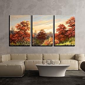 3 Piece Canvas Wall Art - Autumn Landscape with The River - Modern Home Art Stretched and Framed Ready to Hang - 16"x24"x3 Panels