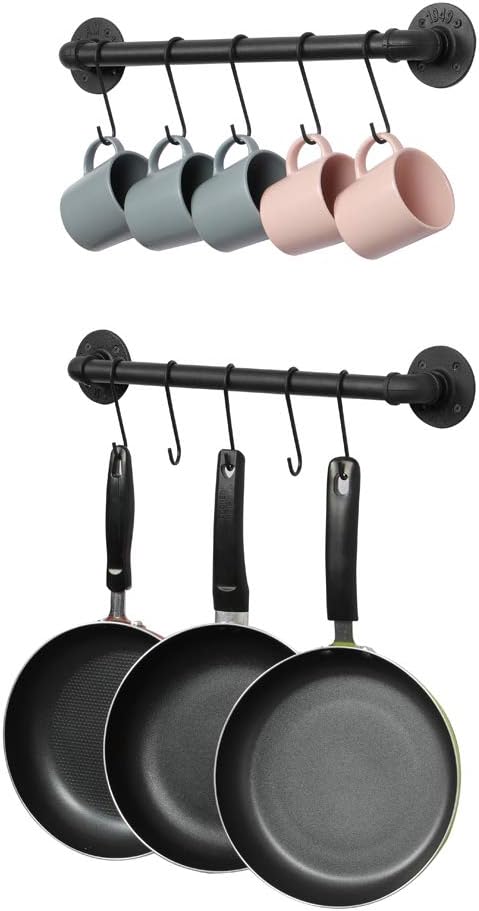 OROPY Wall Mounted Pot Pan Rack 21'' Set of 2, Industrial Utensils Wall Holder Iron Pipe Kitchen Hanging Rail with 10 S Hooks Black: Home Improvement