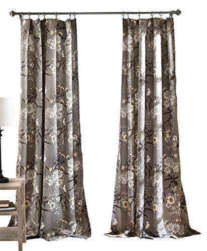 Lush Decor Botanical Garden Curtains Floral Bird Print Room Darkening Window Panel Set for Living, Dining, Bedroom (Pair), 95 x 52, Gray, Polyester, Grey, 52 W x 95 L (Pack of 1)